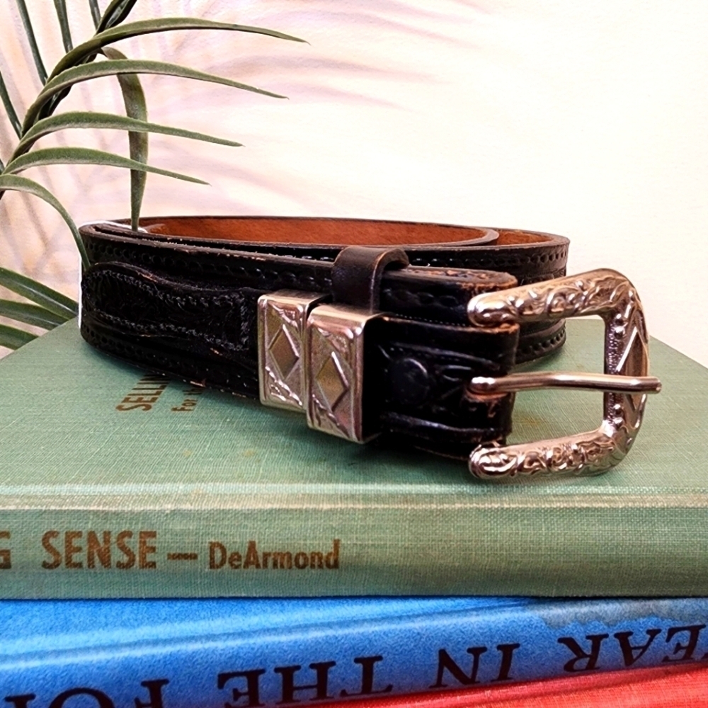 Vintage TexTan Tooled Leather Belt Cowhide Sz.40 (Lg.) Floral Harness
